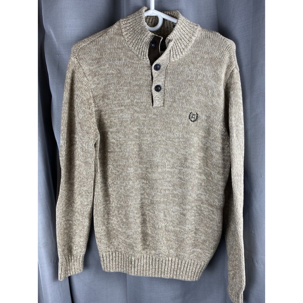 Chaps Mens Sz M Tan 1/4 Button Pullover Sweater Long Sleeve With Elbow Patches